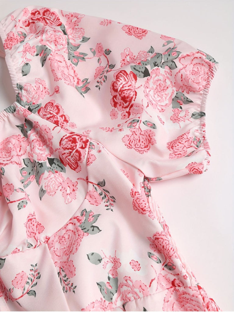 [Plus Size] Pink 1950s Square Neck Floral Dress