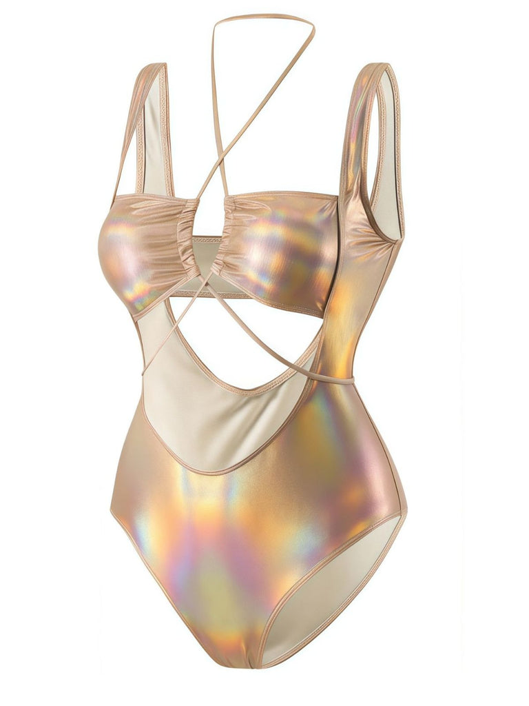 1970s Halter Cut-Out Metallic One-Piece Swimsuit