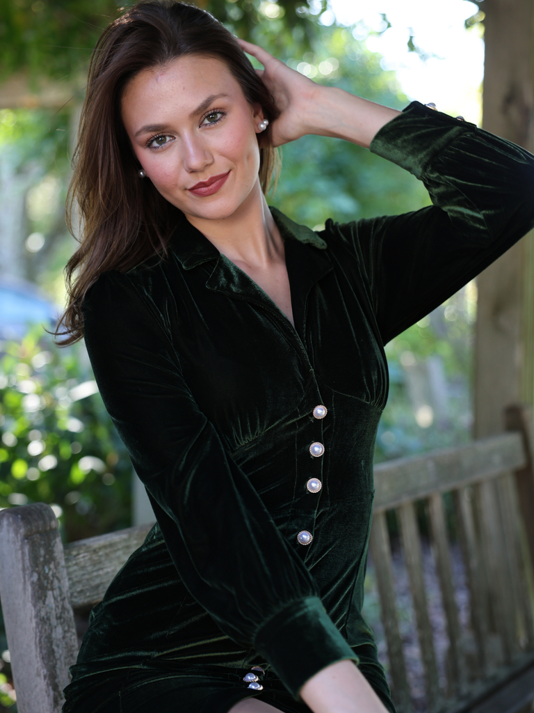 Green 1930s Velvet Pearl Lantern Sleeve Mermaid Dress