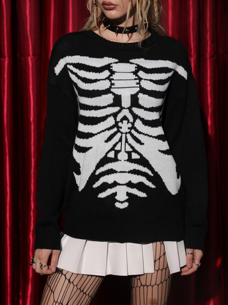 Black 1950s Halloween Skeleton Print Knit Sweater