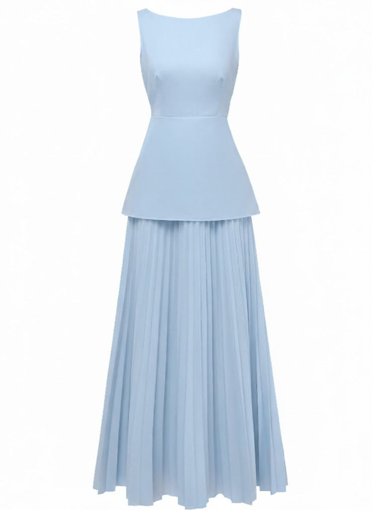 2PCS 1930s Sleeveless Boat Neck Knit Top & Pleated Maxi Skirt