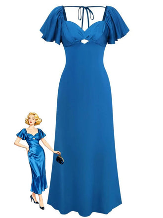 1930s Heart Neck Ruffled Sleeve Satin Dress