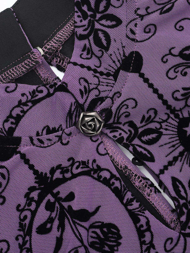 Purple 1930s Rose Flocked Neo-Chinese Dress