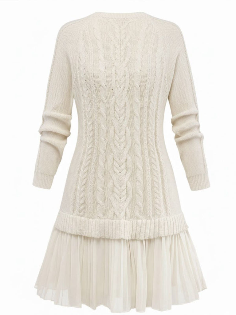 1940s Solid Cable Knit Pleated Hem Sweater Dress