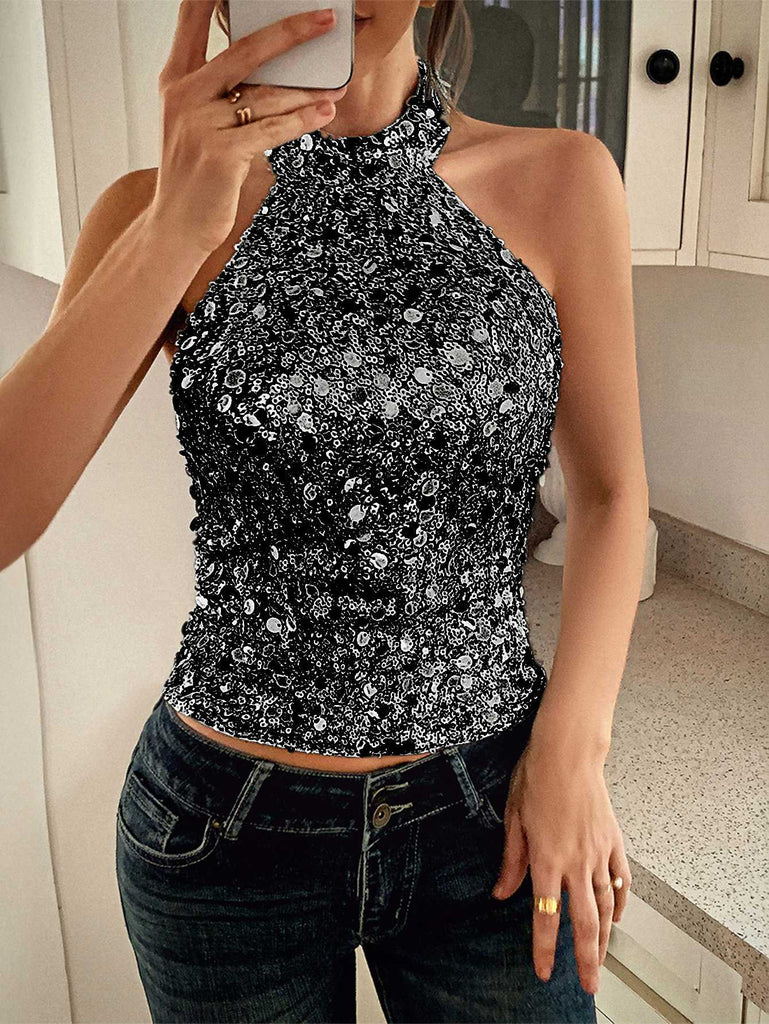 Metallic 1970s Halter Sequin Sleeveless Top