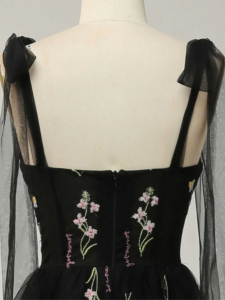 Black 1930s Slip Embroidered Floral Mesh Maxi Dress