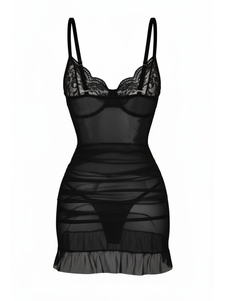 1980s Slip Lace Underwire Sheer Ruffle Nightgown