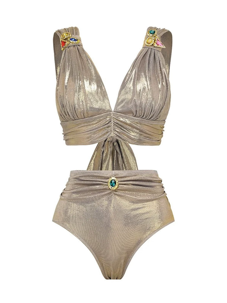 5PCS Gold 1980s Bejeweled Metallic Egyptian-Inspired Bikini Set