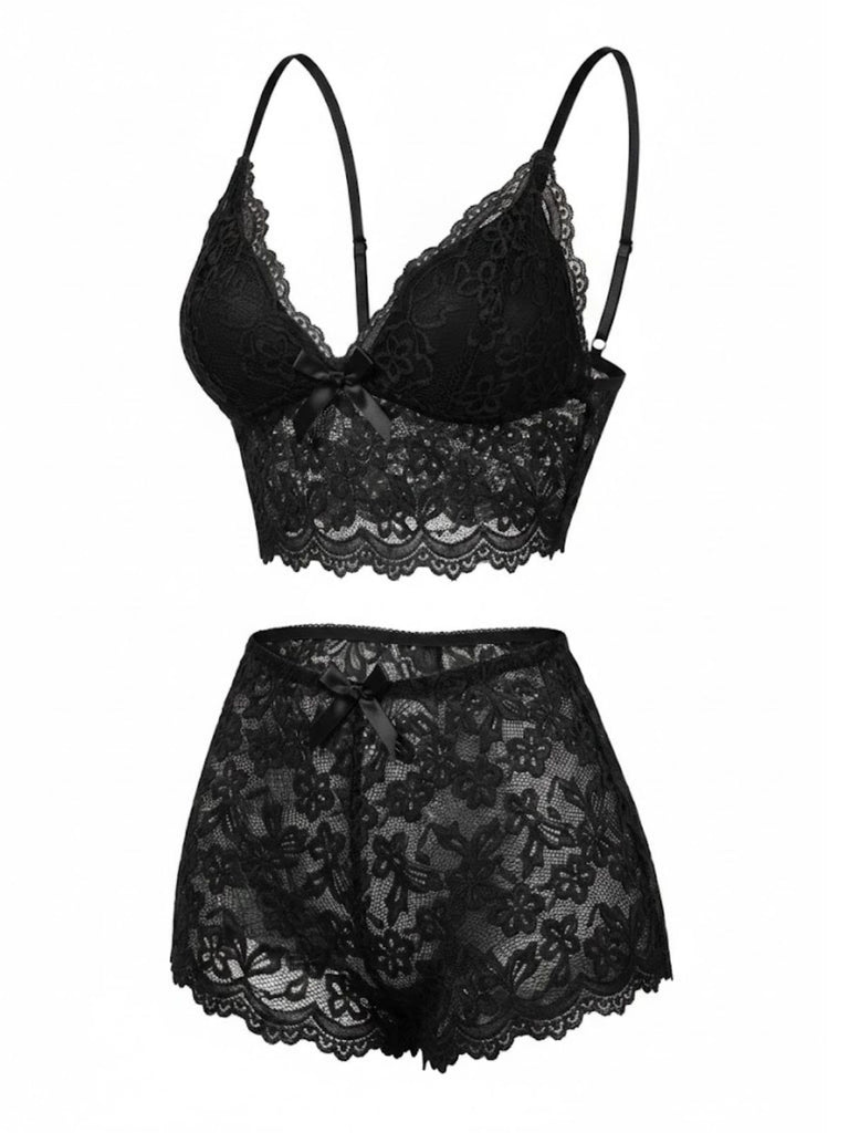 Red 1960s Spaghetti Strap Lace Floral Bow Pajama Set