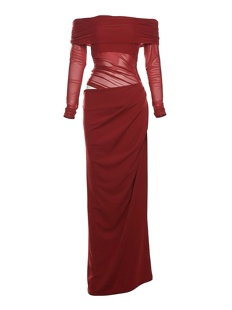 1980s Solid Off-Shoulder Mesh Cut-Out Sheer Dress