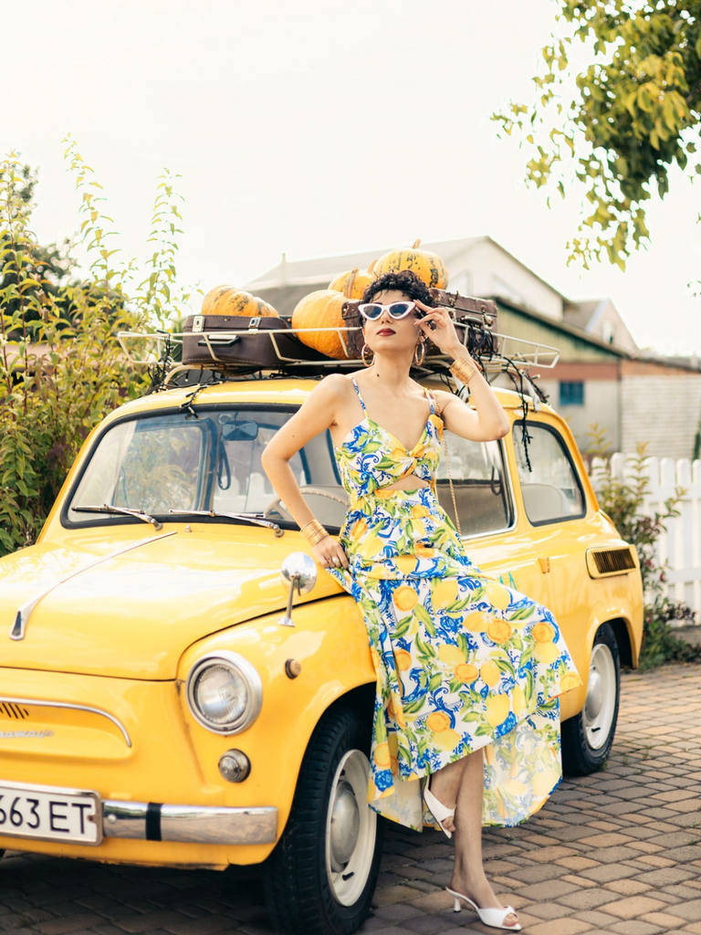 1940s Lemon Print Spaghetti Strap Swing Dress