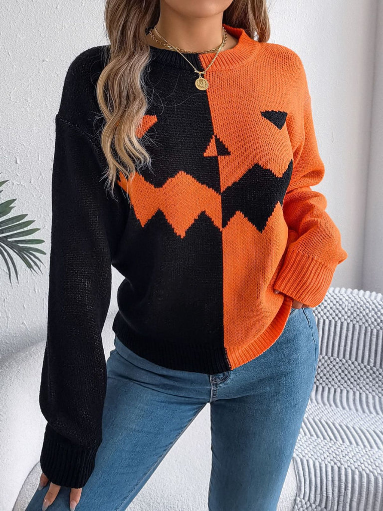 1940s Halloween Pumpkin Face ColorBlock Knit Sweater