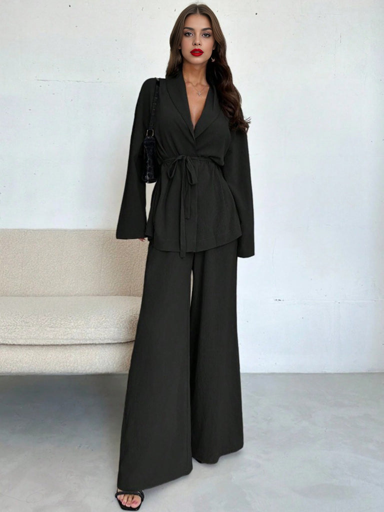 2PCS 1960s Solid Lace-Up Blazer & Pants Set