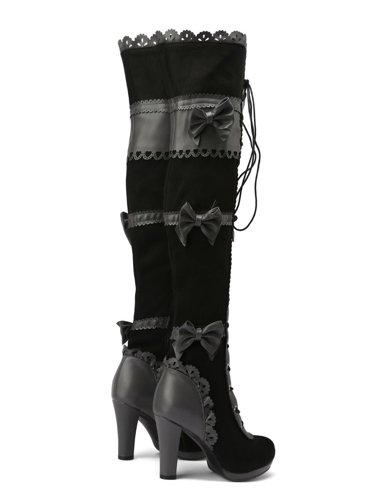 Vintage Bow Lace-Up High Heel Long Boots