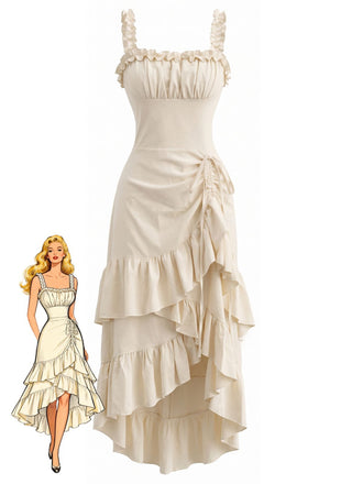 Beige 1980s Solid Ruffled Hem Suspender Dress