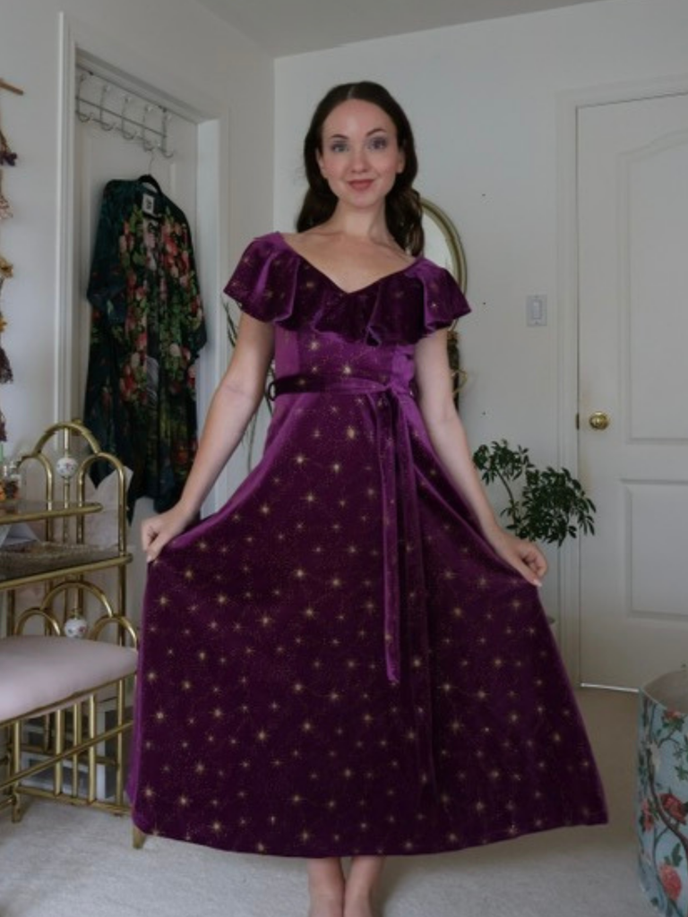 Purple 1940s Velvet V-Neck Star Ruffle Dress