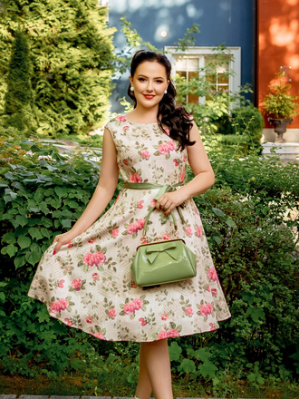 Multicolor 1950s Rose Pictorial Belted Dress