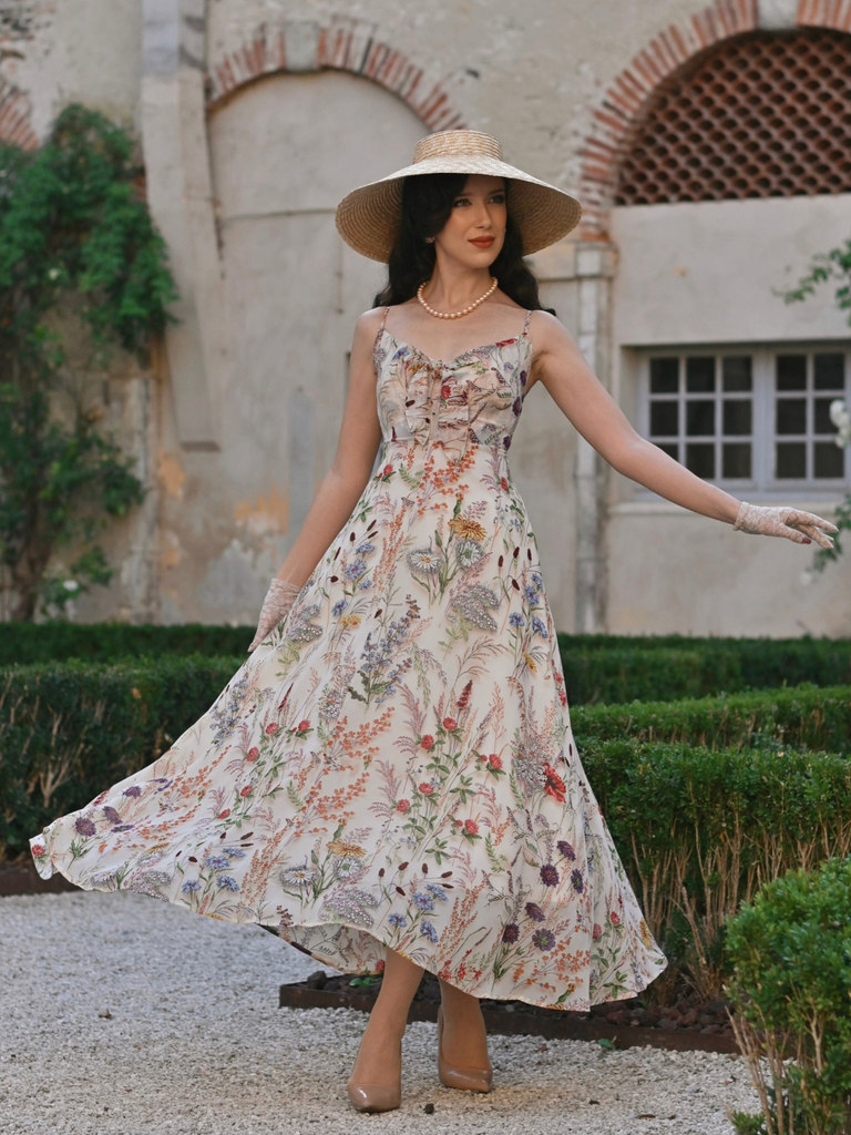 Multicolor 1930s Floral V-Neck Bohemian Slip Dress