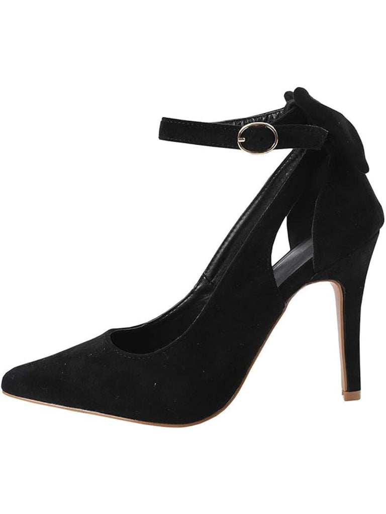 Suede Bow Ankle Strap Pointed Toe High Heel Shoes