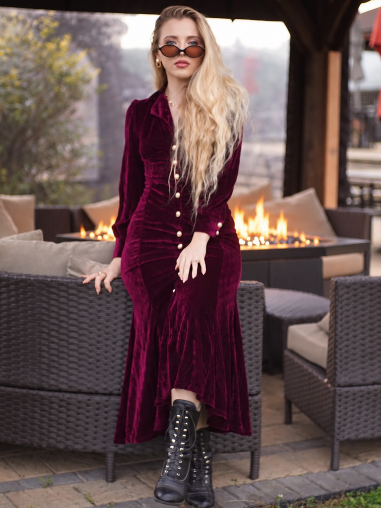 Red 1930s Velvet Pearl Lantern Sleeve Mermaid Dress
