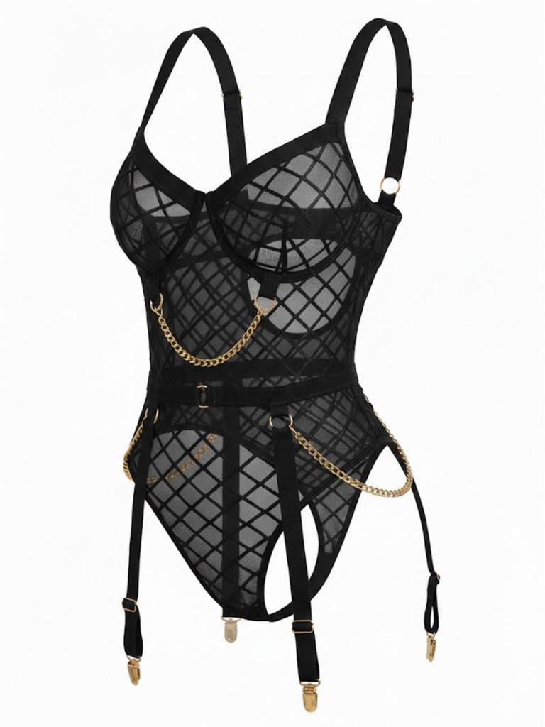 1970s Strappy Chain Accents Sheer Mesh Lingerie