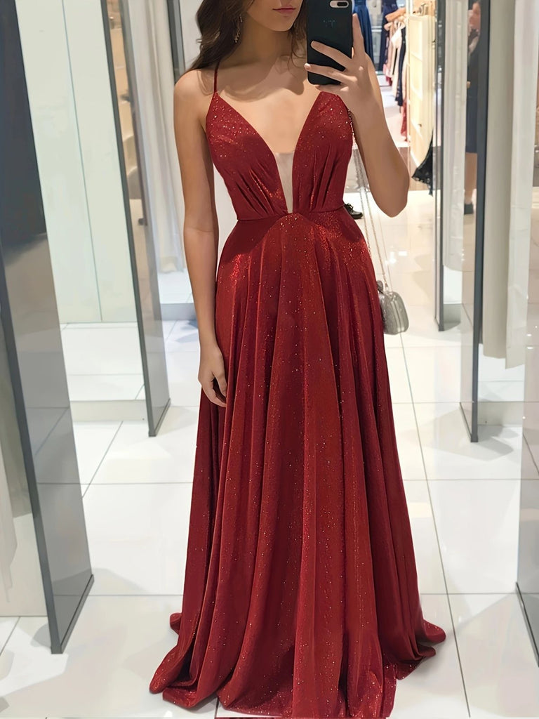 [Plus Size] Burgundy Glitter Spaghetti Strap Backless Maxi Dress