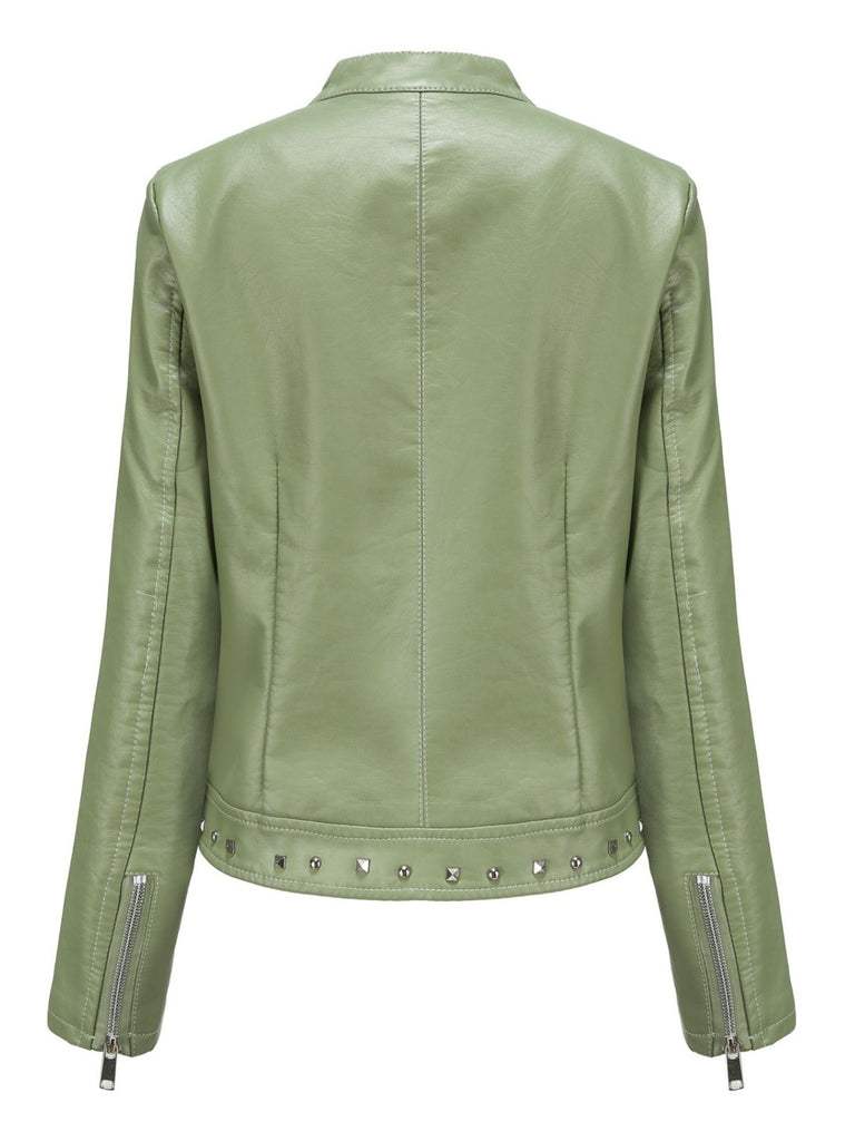 1940s Solid Studded Stand Collar Leather Jacket