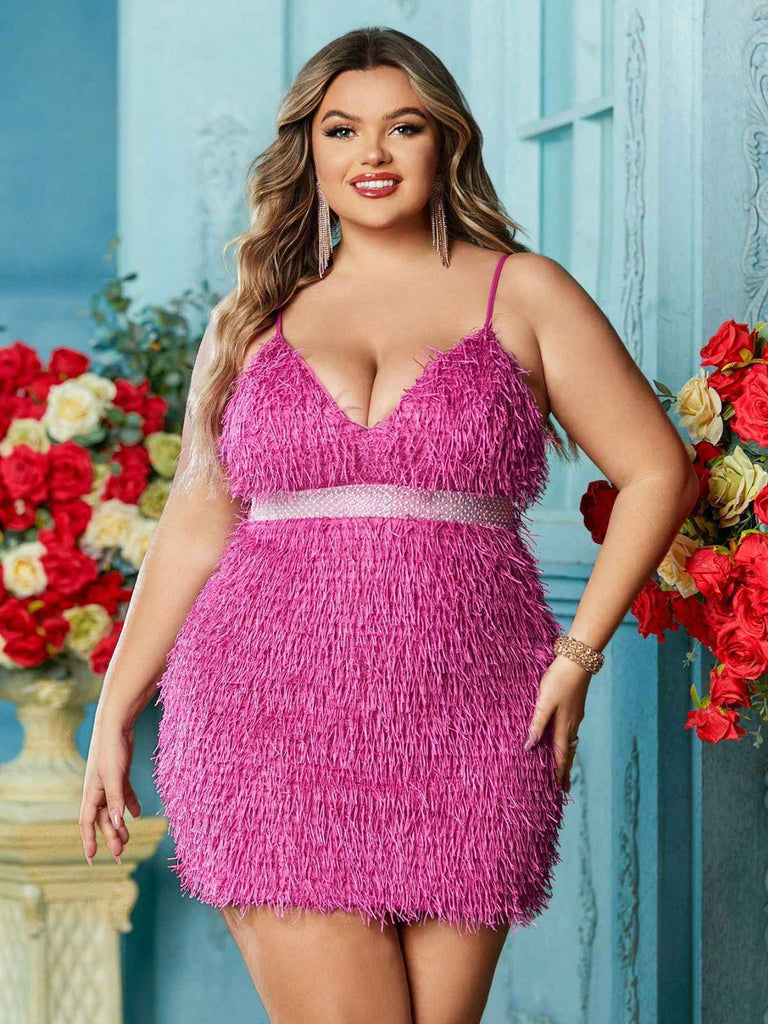 [Plus Size] Rose Pink 1980s Fringed Spaghetti Strap Bodycon Dress