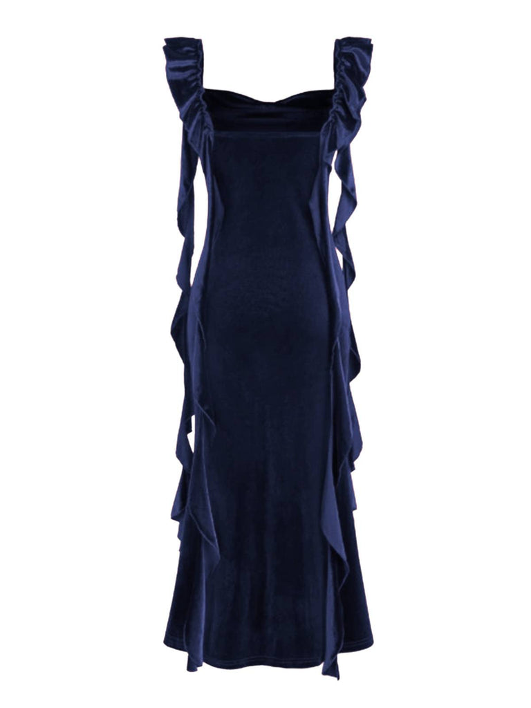 1940s Velvet Ribbon Strap Ruffled Detail Dress