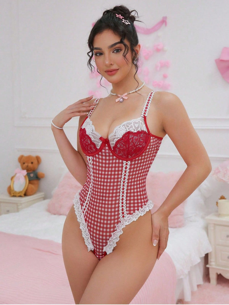 Red 1960s Gingham Lace Bow Bodysuit Lingerie