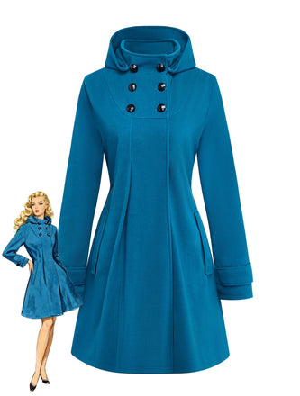 Blue 1930s Solid Faux-Wool Hooded Coat