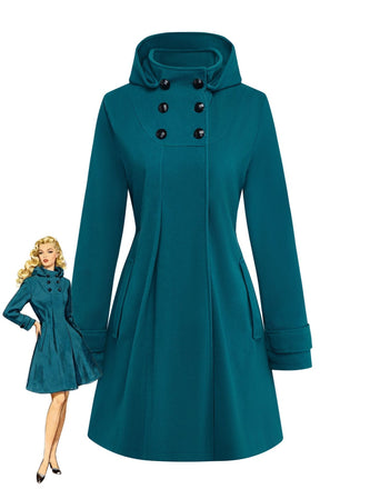 Blue 1930s Solid Faux-Wool Hooded Coat