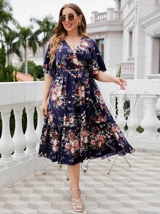 [Plus Size] Navy Blue 1950s V-Neck Floral Dress