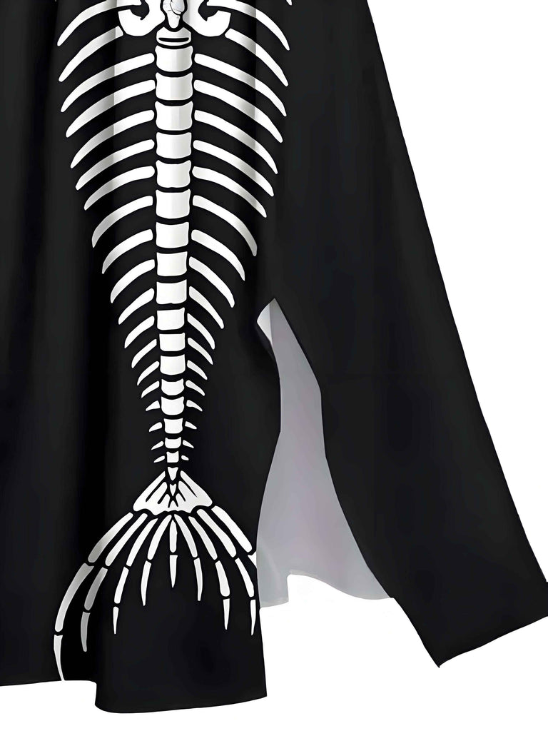 [Pre-Sale] Black 1950s Halloween Skeleton Print Slit Maxi Dress