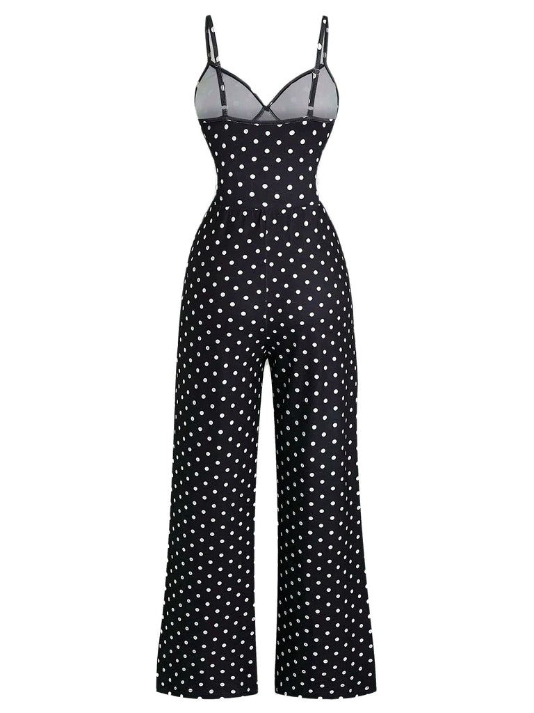 1940s Polka Dot Lace Trim Strap Jumpsuit