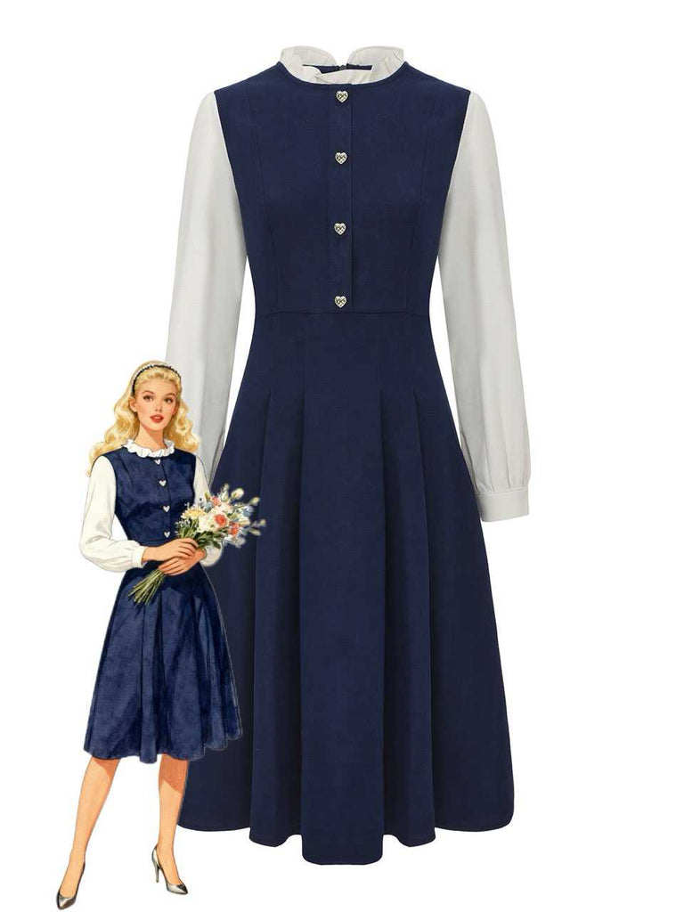 Navy Blue 1980s Ruffle Collar Heart Buttons Dress