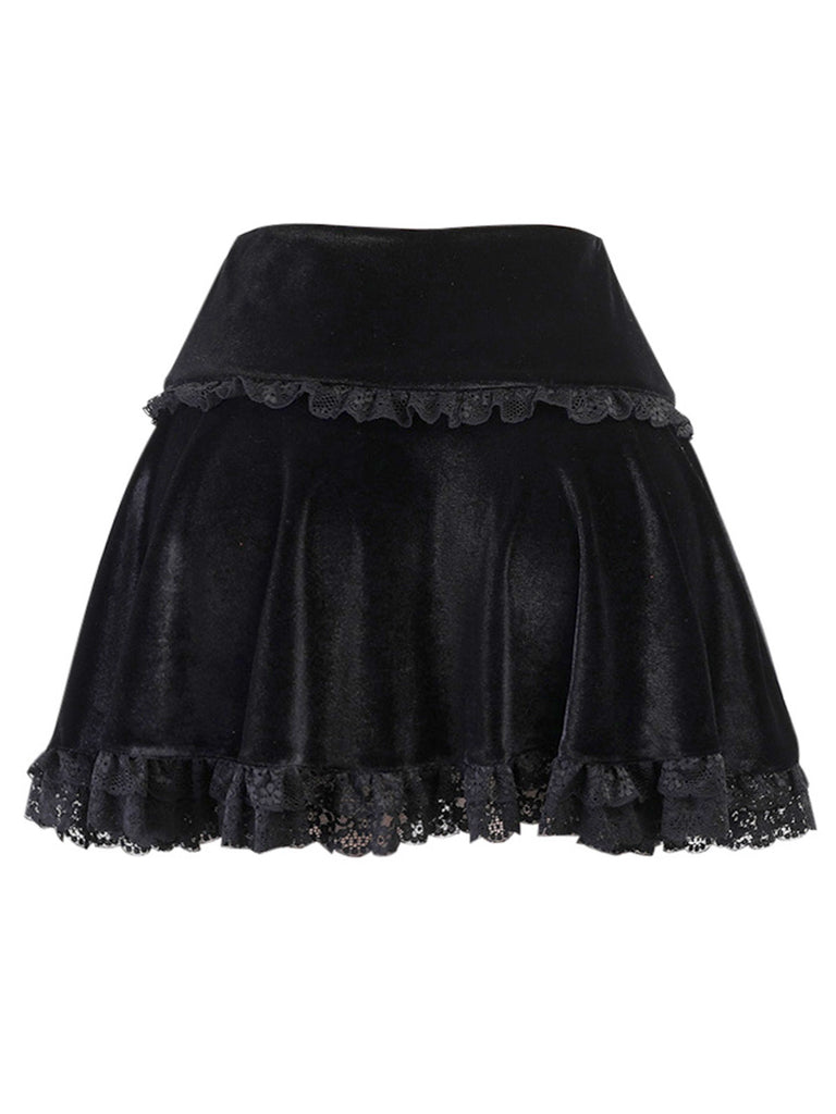 Black 1980s Solid Embroidered Lace Skirt