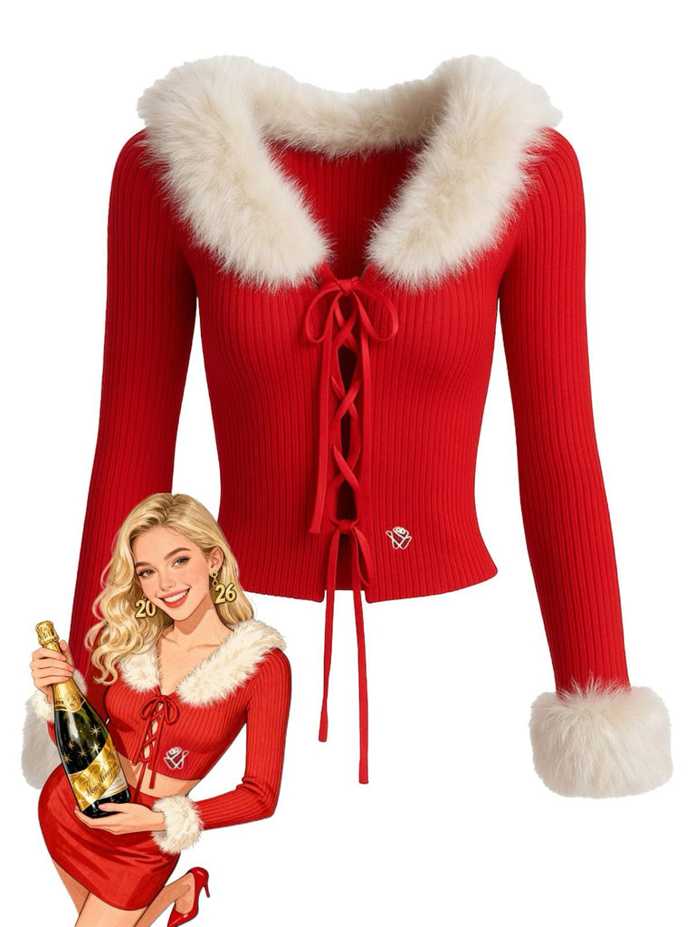 Red 1980s Detachable Fur Collar Tie Knit Cardigan