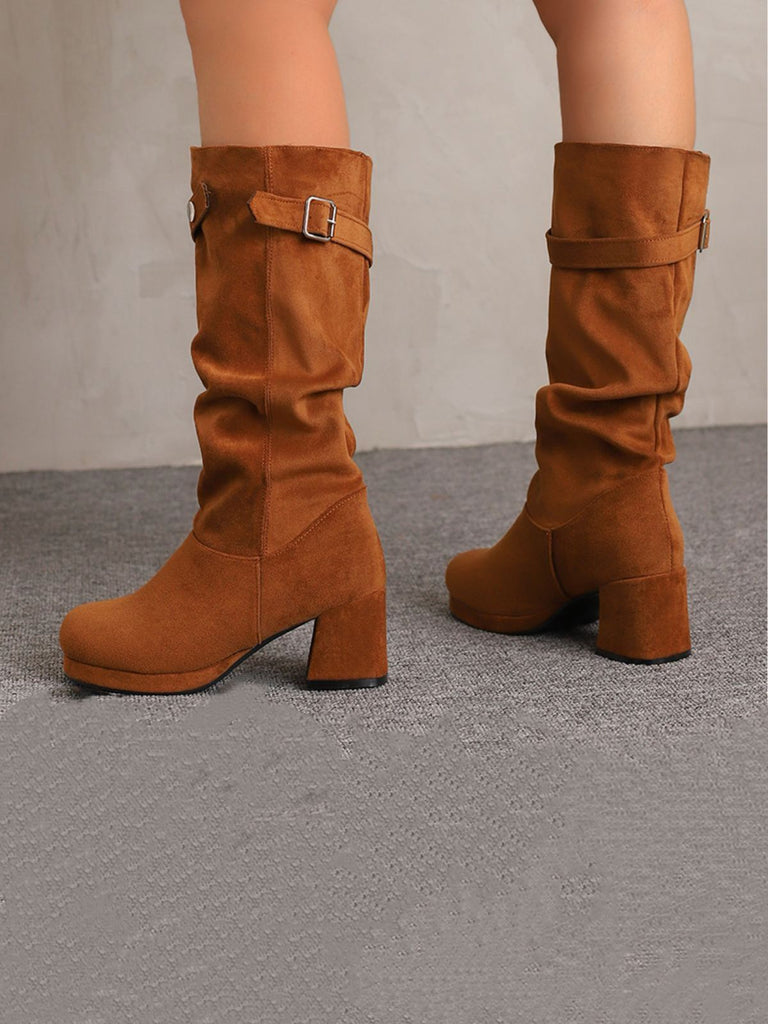 Suede Slouch Block Heel Mid Boots