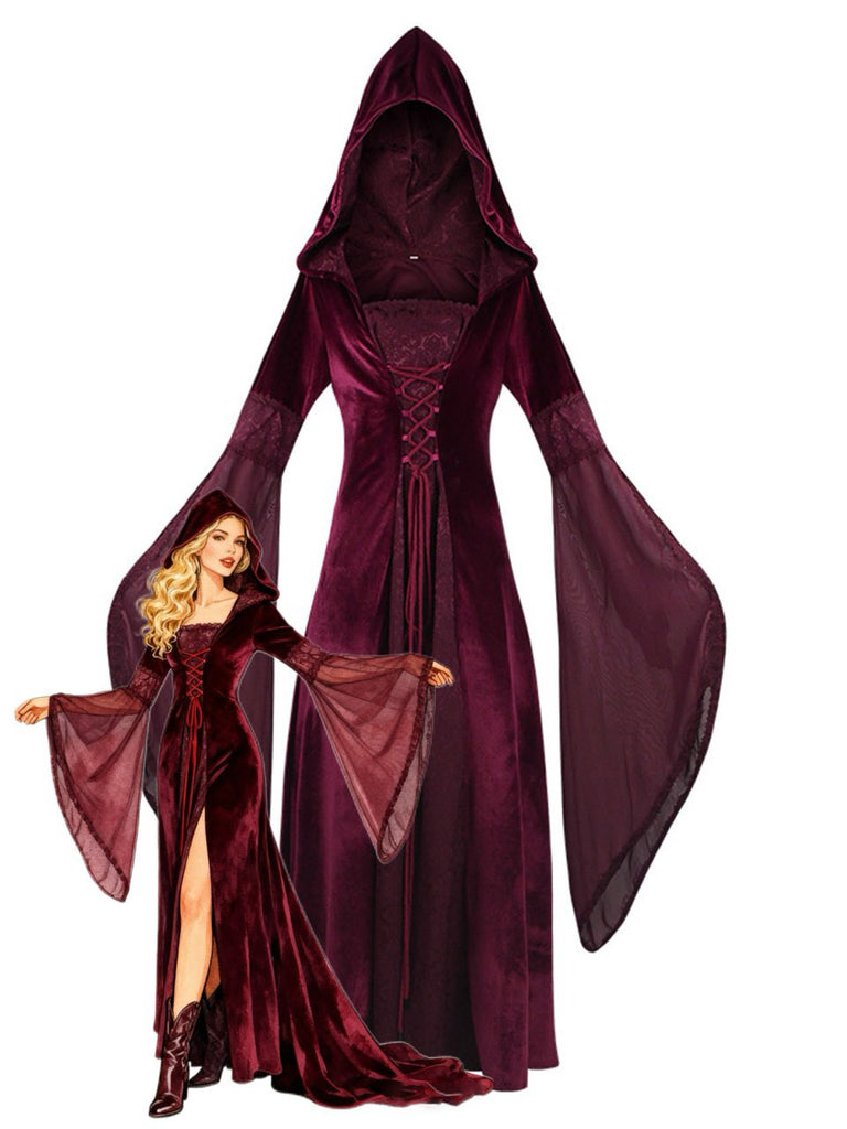 1980s Velvet Medieval Lace-Up Hooded Dress