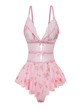 Pink 1970s Floral Lace Sheer Nightgown