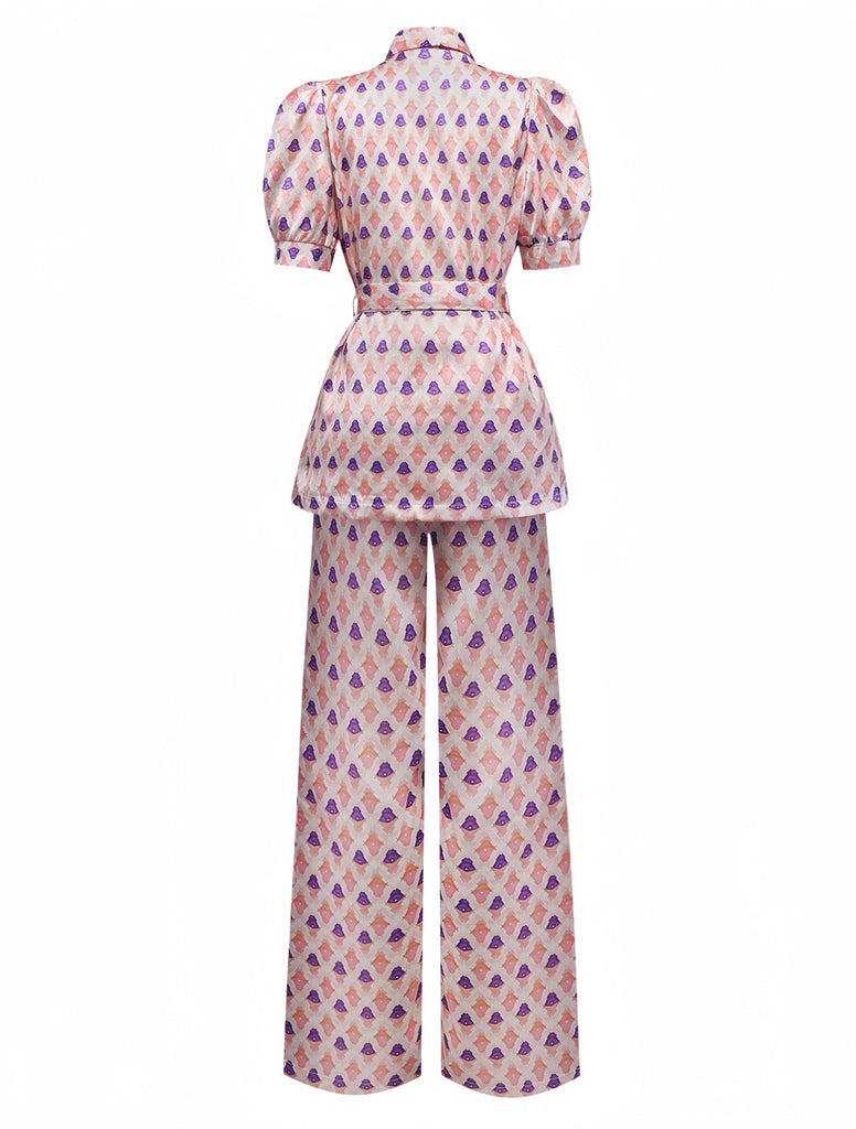 2PCS Pink 1930s Printed Puff Sleeve Belted Blazer & Pants