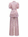 2PCS Pink 1930s Printed Puff Sleeve Belted Blazer & Pants