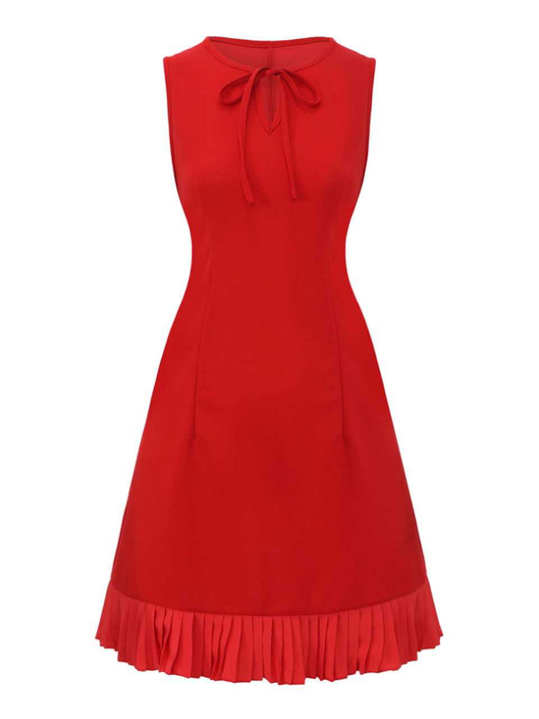 Red 1960s Bow Neck Ruffle Hem Sleeveless Dress