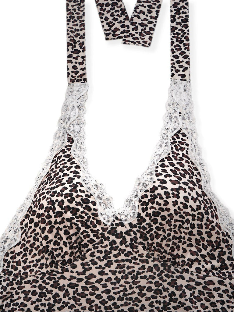 1960s Leopard Print Lace Trim Halter Nightgown