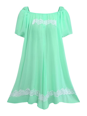 Green 1970s Lace Puff Sleeve Babydoll Dress