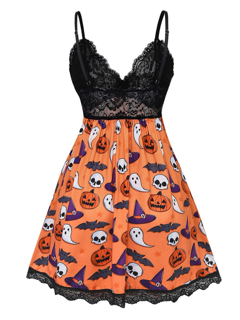 1960s Halloween Print Lace Patchwork Sleepwear