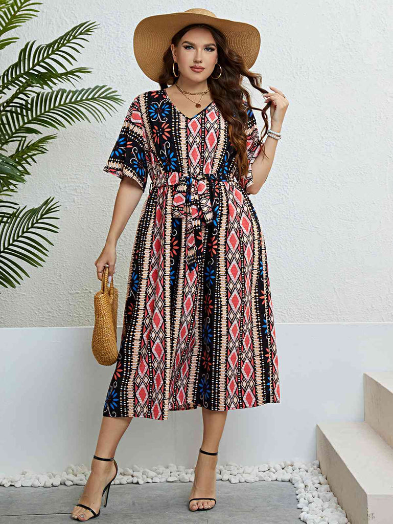 [Plus Size] 1950s V-Neck Geometric Tie Waist Dress