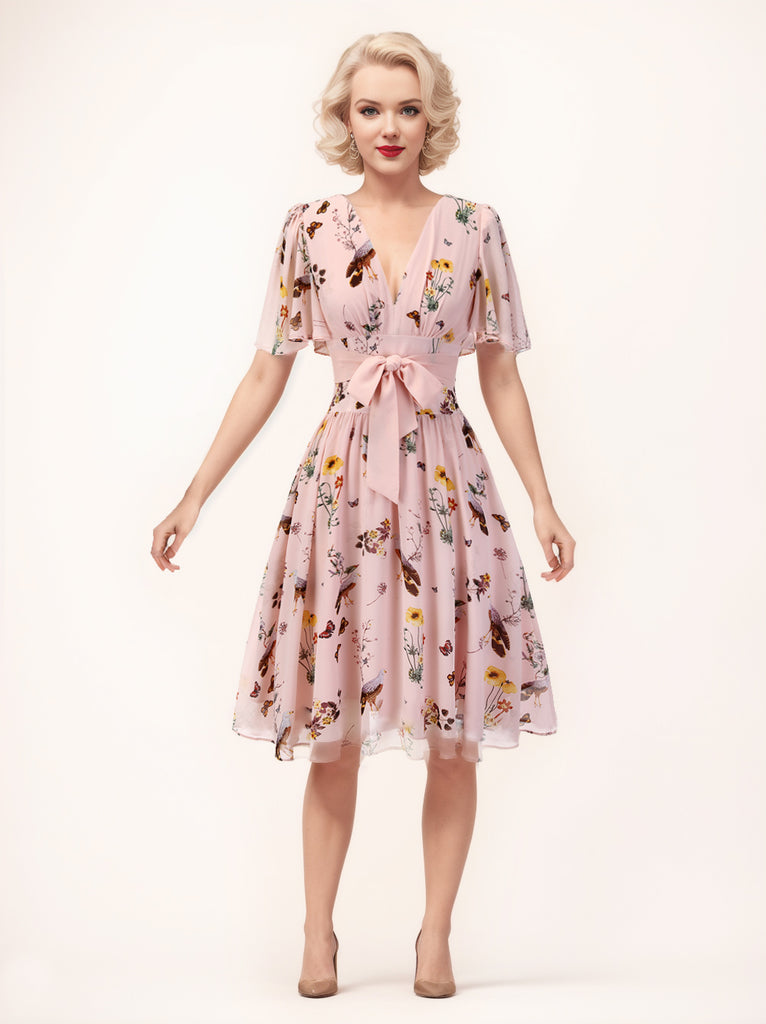 Pink Flowers And Birds Bowknot V-Neck Dress