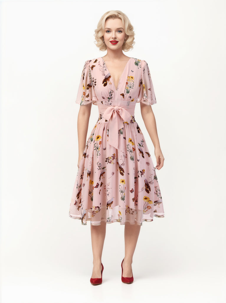 Pink Flowers And Birds Bowknot V-Neck Dress